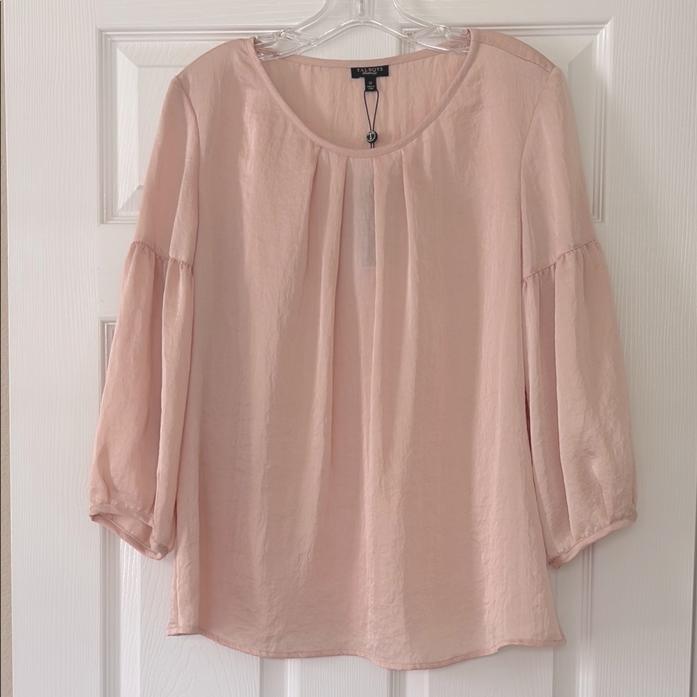 Talbots Blush Pink Front Pleat Scoop Neck Top With 3/4 Sleeves- Size 12